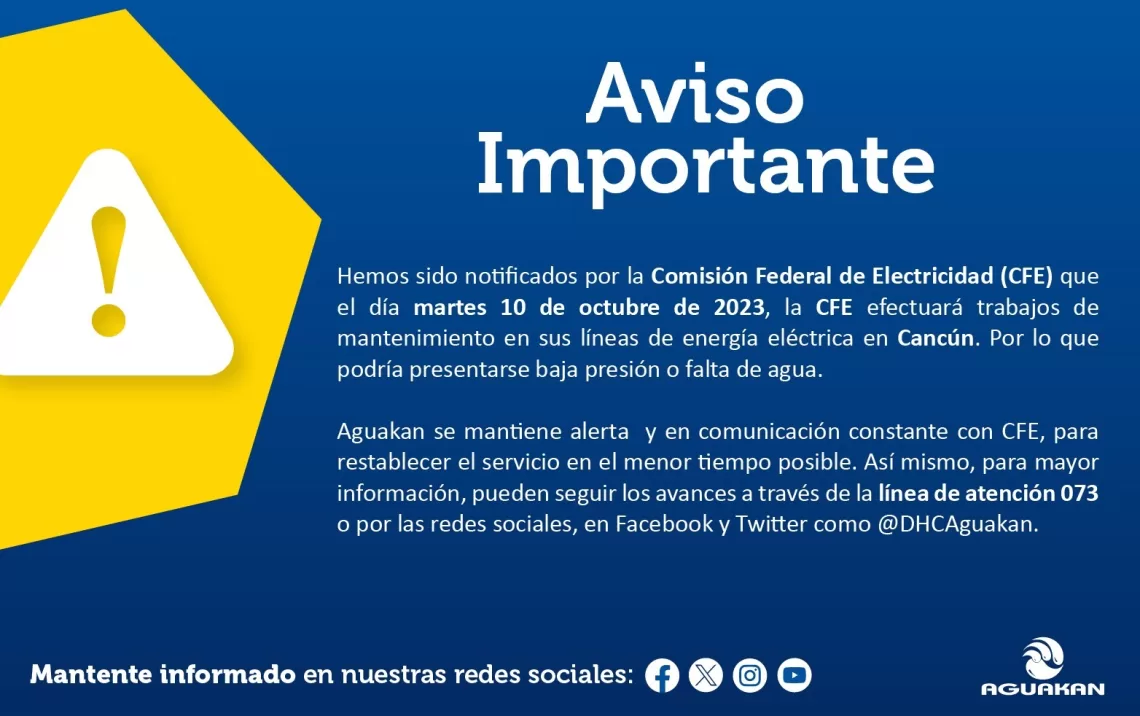 Posible afectación en el servicio de agua en Cancún debido a trabajos de la CFE