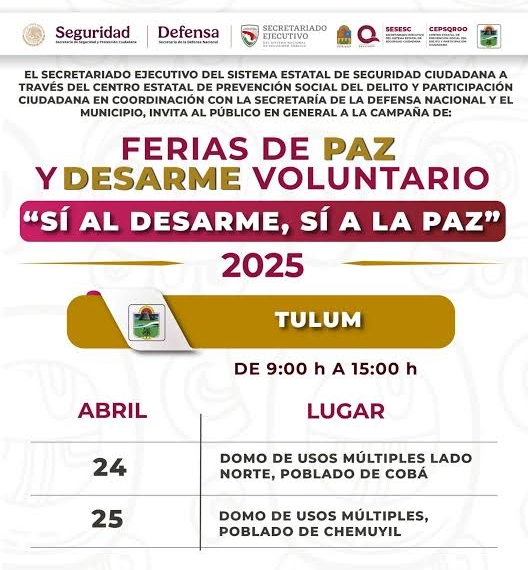 SESESC y SEDENA invitan a participar en Ferias de Paz y Desarme Voluntario en Tulum