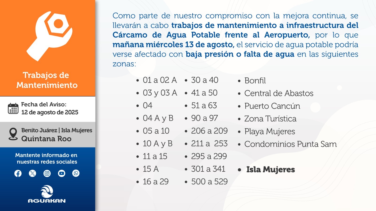 Aguakan realizará mantenimiento para mejorar el servicio de agua potable en Cancún