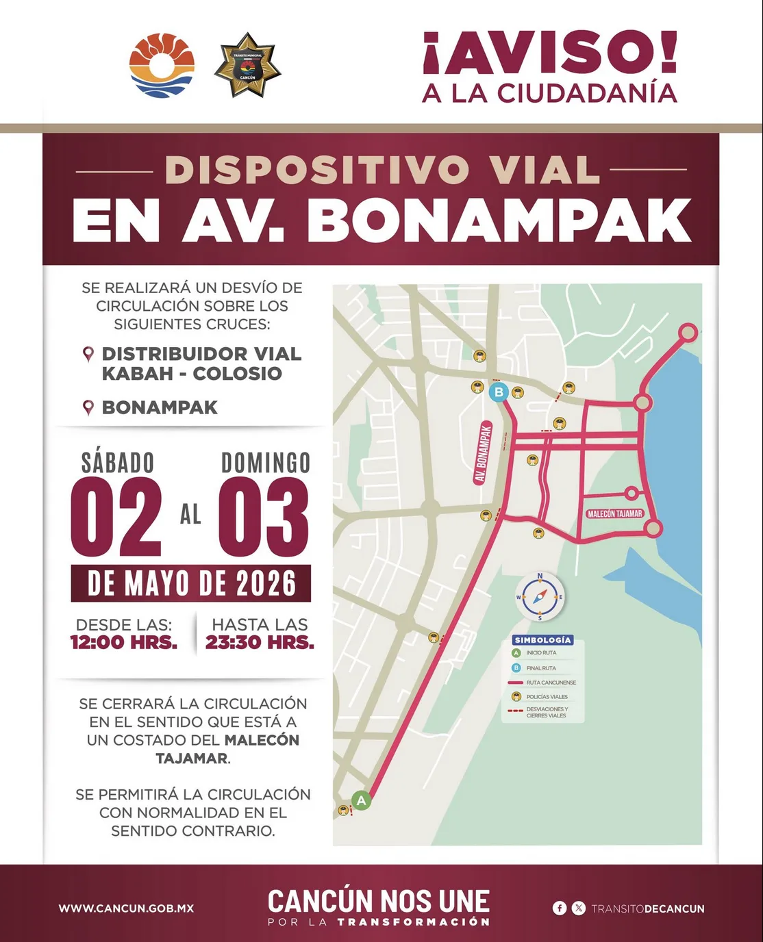 Operativo vial en Av. Bonampak por inauguración del Puente Nichupté