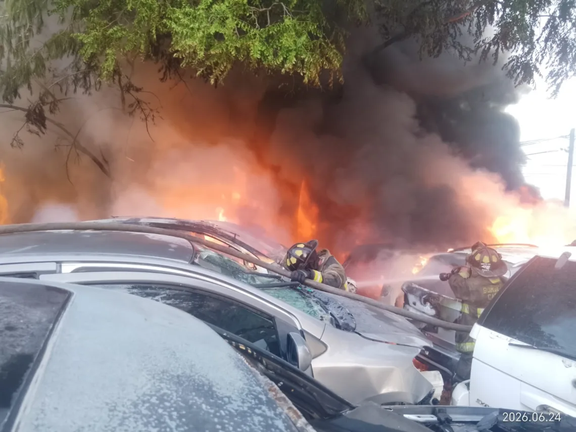 Fuego devora carros de deshuesadero en Cancún