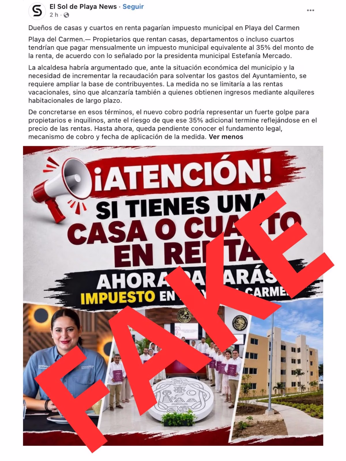 Falso: no existe un impuesto municipal del 35% a las rentas en Playa del Carmen