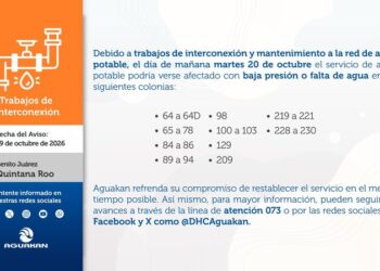Aviso de Aguakan sobre trabajos de interconexión y regiones de Cancún con baja presión o falta de agua el 20 de octubre