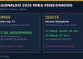 Gráfica con las fechas de pago del aguinaldo 2026 para pensionados del IMSS Ley 73 y del ISSSTE Décimo Transitorio