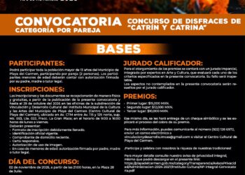 Cartel de la convocatoria del concurso de disfraces Catrín y Catrina por pareja del festival Janal Pixán Playa del Carmen 2026