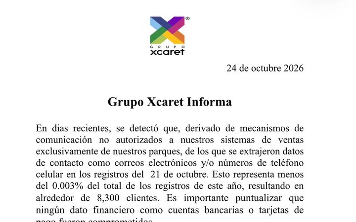 Comunicado de Grupo Xcaret sobre la filtración de datos de contacto de clientes de sus parques