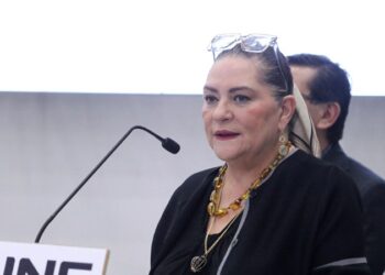 Guadalupe Taddei habla en un acto del INE