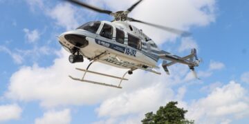 Helicóptero de la Policía de Playa del Carmen de la Secretaría de Seguridad Ciudadana en vuelo