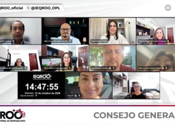 Captura de la sesión virtual del Consejo General del IEQROO del 23 de octubre de 2026, con consejeros conectados por videollamada