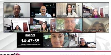 Captura de la sesión virtual del Consejo General del IEQROO del 23 de octubre de 2026, con consejeros conectados por videollamada