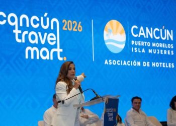 La gobernadora Mara Lezama, durante su mensaje en la inauguración del Cancún Travel Mart 2026