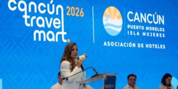 La gobernadora Mara Lezama, durante su mensaje en la inauguración del Cancún Travel Mart 2026