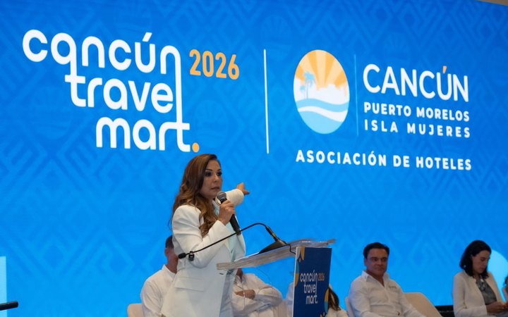 La gobernadora Mara Lezama, durante su mensaje en la inauguración del Cancún Travel Mart 2026