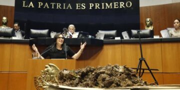 La senadora Mayuli Martínez en tribuna del Senado con una muestra de sargazo