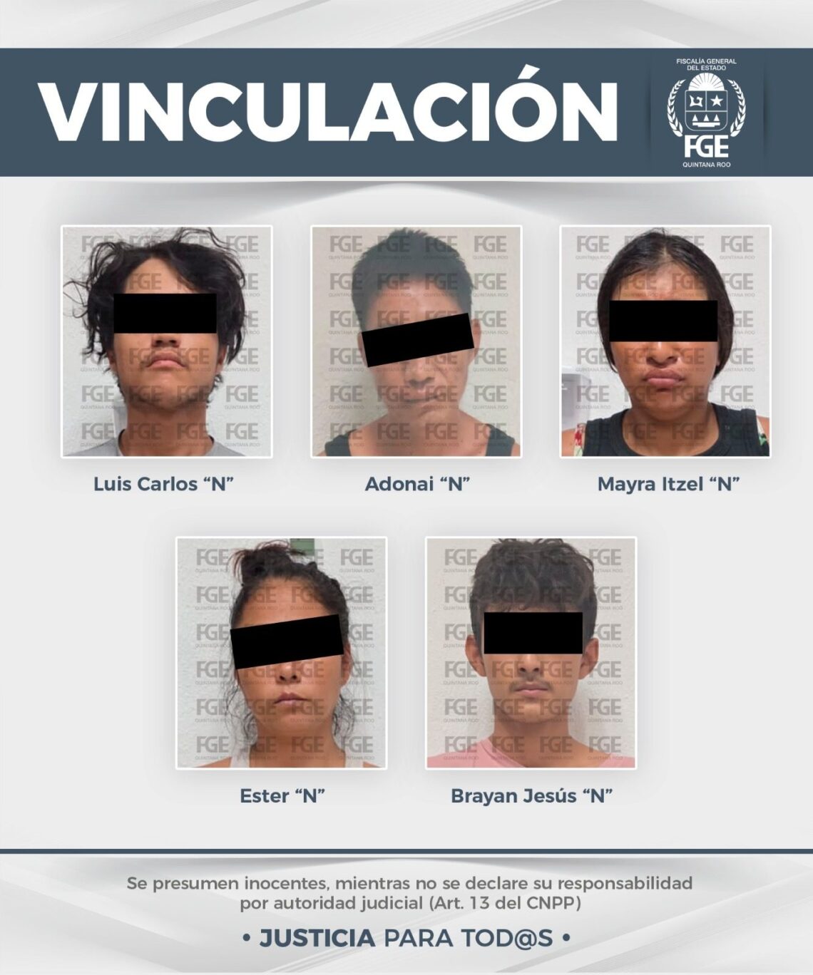 Ficha de la Fiscalía de Quintana Roo con los cinco vinculados a proceso por narcomenudeo en Playa del Carmen